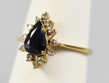14K Yellow Gold Teardrop Sapphire & Diamond Ring