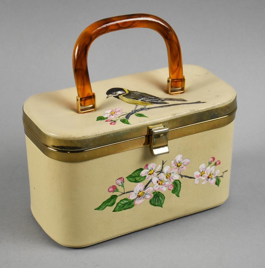 c1950 Lily-Bet Hand Painted Box Purse: This is an adorable purse from designer Lily-Bet. Box shaped purse with lucite faux tortoise handle. Hand painted bird on top with floral motif on front and back. The painter's initials LMH are presen