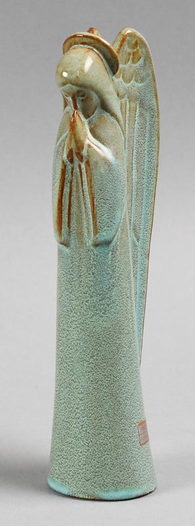 Nicodemus Art Pottery Praying Angel Ferro-Stone Figure: Wonderful piece of vintage Nicodemus pottery. She is in the form of a praying angel made with ferro-stone clay and translucent light blue glaze. Nicely marked and stands approx. 7.5" tall. Chester Nic