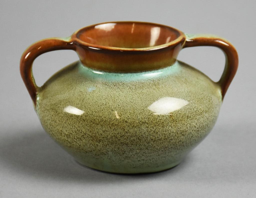 Nicodemus Art Pottery Ferro-Stone Double Handle Bulbous Vase: Very pretty vintage Nicodemus art pottery vase. Made with Ferro-stone clay, light green mottled type high gloss glaze. Nicely marked and stands approx. 2.5". Chester Nicodemus (1901-1990) earned his d