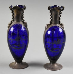 Antique Venetian Cobalt Glass Vases, Sterling Overlay