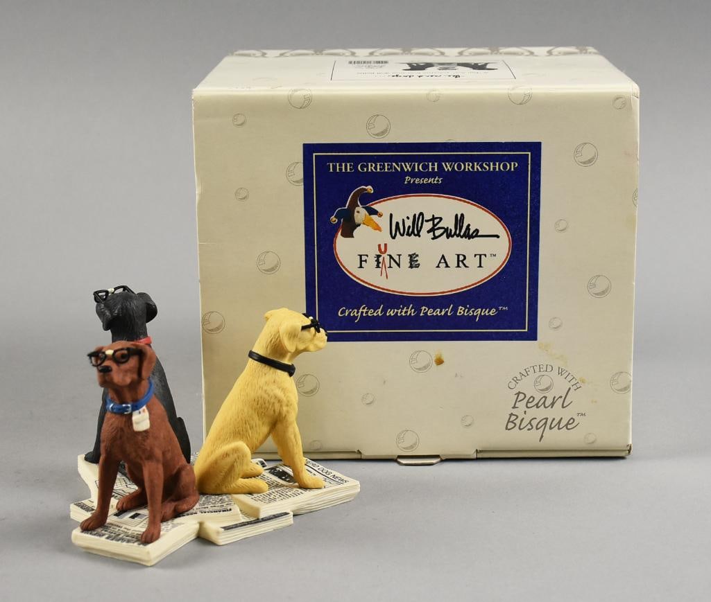 Will Bullas Fine Art The Nerd Dogs Pearl Bisque Figurine: Adorable figure Greenwich Workshop, Will Bullas. This piece is called The Nerd Dogs from his artwork of the same name. It is pearl bisque and painted, three dogs wearing glasses and sitting on books.