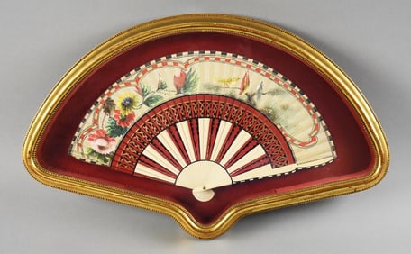 Vintage Flower and Bird Fan in Shadowbox Frame