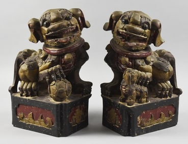 Antique Chinese Export Foo Dogs, Solid Carved Wood