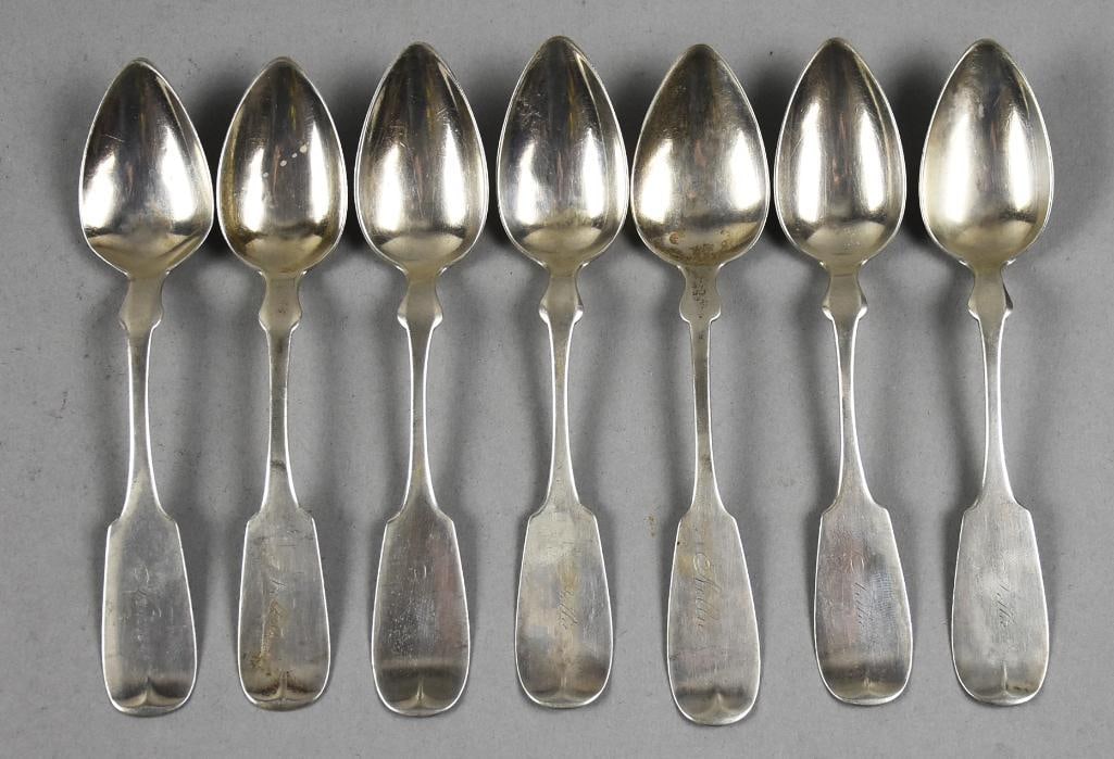 c1850 Coin Silver Fiddleback Teaspoons, Assorted (1 of 6)