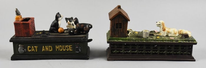 Vintage Novelty Dog & Cat Mechanical Banks, Cast Iron
