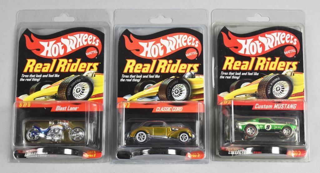 2004, 07, 09 Mattel Hot Wheels Real Riders Ltd Ed-MOC-NOS: This lot includes Hot Wheels Blast Lane 8254/11000, Hot Wheels Classic Cord 3768/5000 and Hot Wheels Custom MUSTANG 5926/11000.