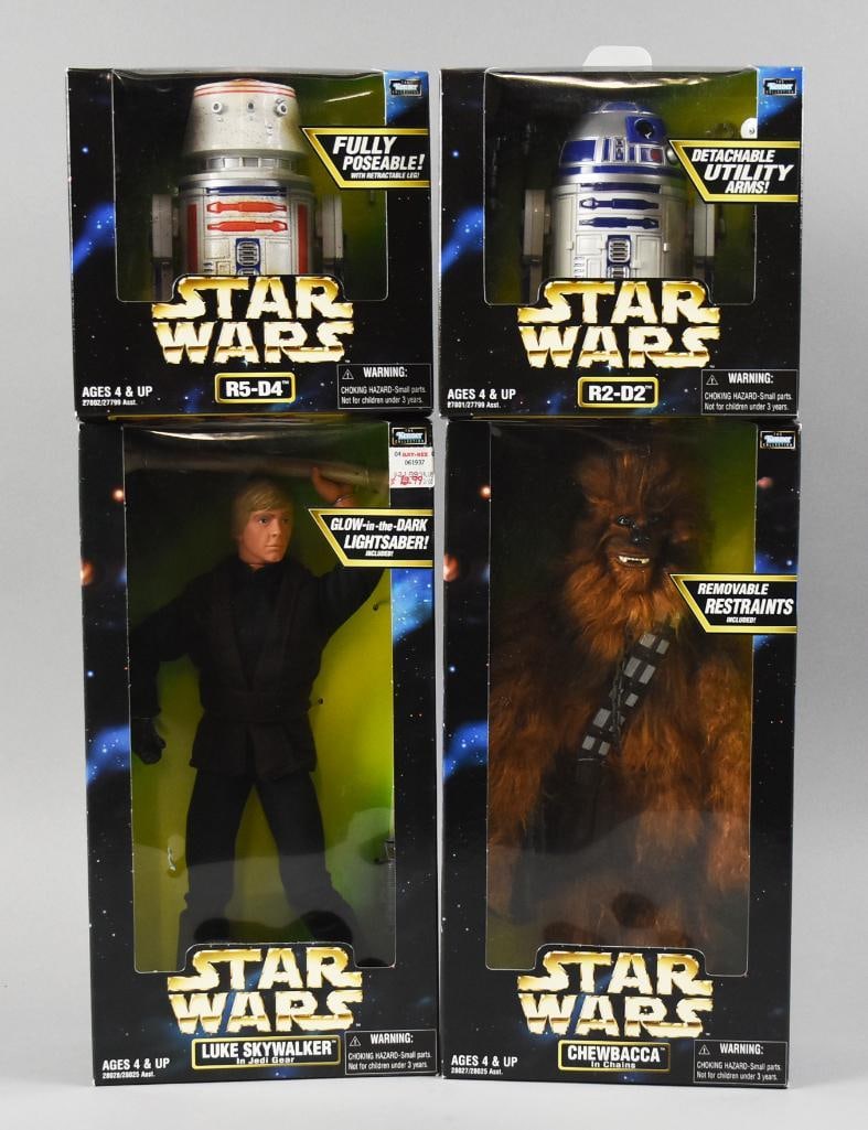 1998 Star Wars Action Figures, Mint in Box, NOS: Lot is four Star Wars action figures from 1998. Includes action figures, Luke Skywalker and Chewbacca, R2-D2 and R5-D4.