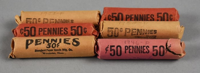 (6) 1940s-50s Wheat Pennies, Unchecked Rolls
