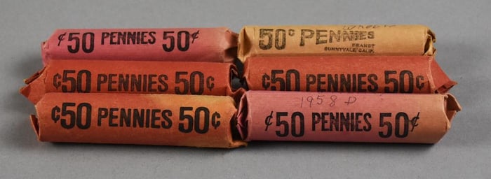 (6) 1940s-50s Wheat Pennies, Unchecked Rolls