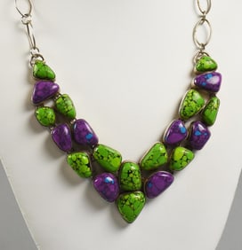 Mohave Green & Purple Turquoise Silver Statement Bib Necklace
