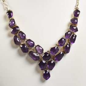 Designer Silver & Amethyst Bib Style Statement Necklace