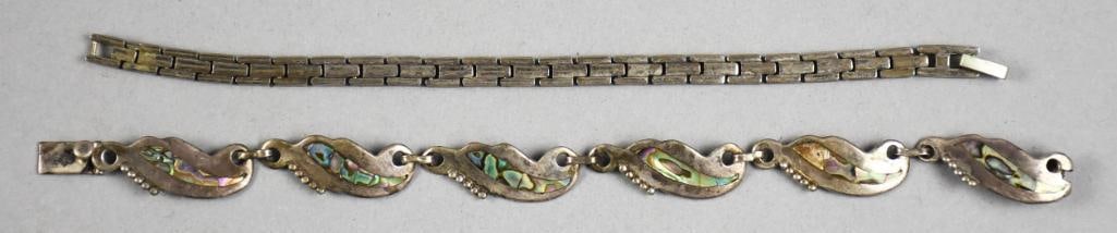 Vintage Sterling Silver Link Bracelets, Mexico PLUS: These are very pretty sterling bracelets. One is Beto Mexico with inlay of abalone and well marked. One is stamped 925 with no visible designer marks.
