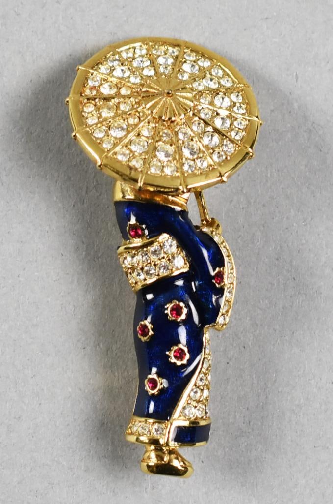 Attwood & Sawyer Swarovski Geisha Brooch: Darling brooch from Attwood and Sawyer. It is a 22K gold plated Geisha with umbrella. The umbrella is encrusted in Swarovski crystals, she also has the same crystals in her obi and the lining of her k