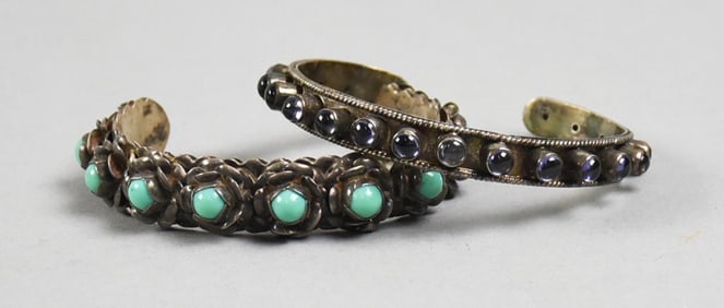 Pair Sterling Cuff Bracelets, Turquoise, Amethyst