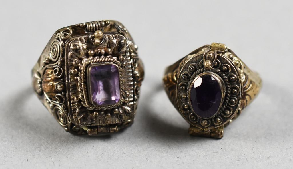Vintage Sterling Silver & Amethyst Poison Rings: Beautiful vintage sterling silver poison rings. Each ornate lid is set with a faceted amethyst stone. They are each stamped 925 with no visible maker marks. They are approx.sizes 6 and 8.5.