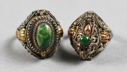 Vintage Poison Rings Sterling & Gold with Green Stone