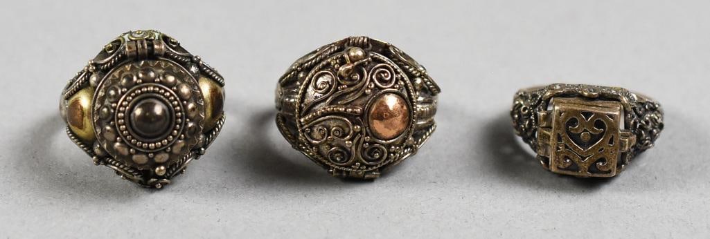 Poison Rings Vintage Sterling Silver & Gold: Awesome lot of vintage poison rings in sterling silver, two with gold accents. Each is stamped 925 with no visible designer marks.