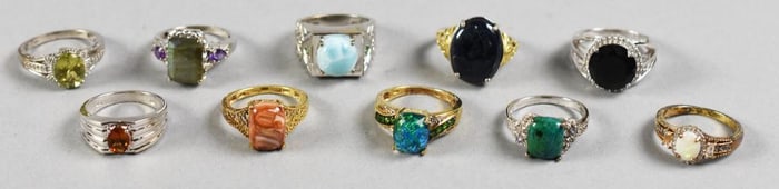 (10) STS Sterling and Gemstone Rings, Size 10