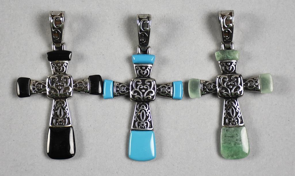 (3) Stainless Steel Cross Pendants, Semi Precious Stones: Very pretty set of matching crosses with semi precious stone accents. Each is stainless steel, stones appear onyx, turquoise and jade.