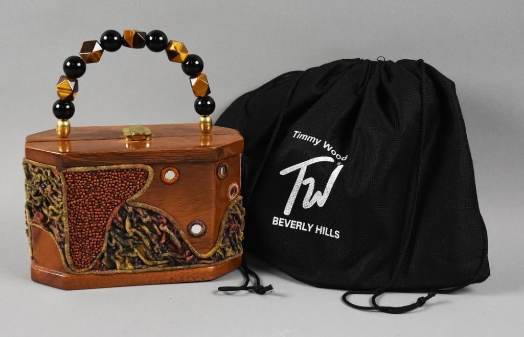 Timmy Woods Naturals Purse w Original Dust Bag: This awesome purse is from the Naturals line of Timmy Woods of Beverly Hills. Purse is acacia wood with beads and molded fabric with beaded handle. Satin lined with original label and comes in the ori