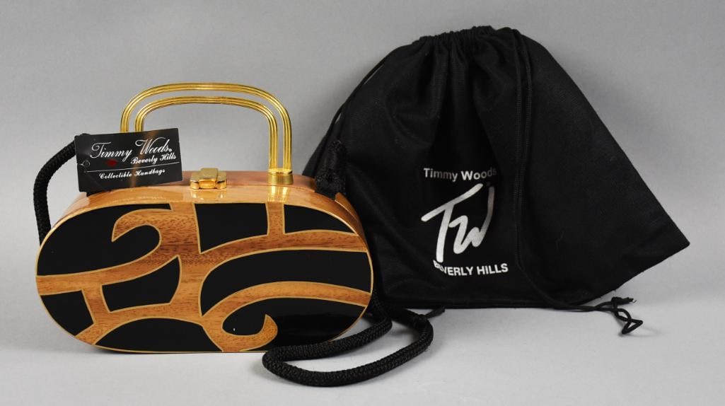 Timmy Woods Work of Art Colton Purse w Original Dust Bag: Fantastic work of art purse from Timmy Woods of Beverly Hills. Carved from acacia wood, hand painted African style details with gold outlines. Art Deco style gold tone handle, satin lined with origina