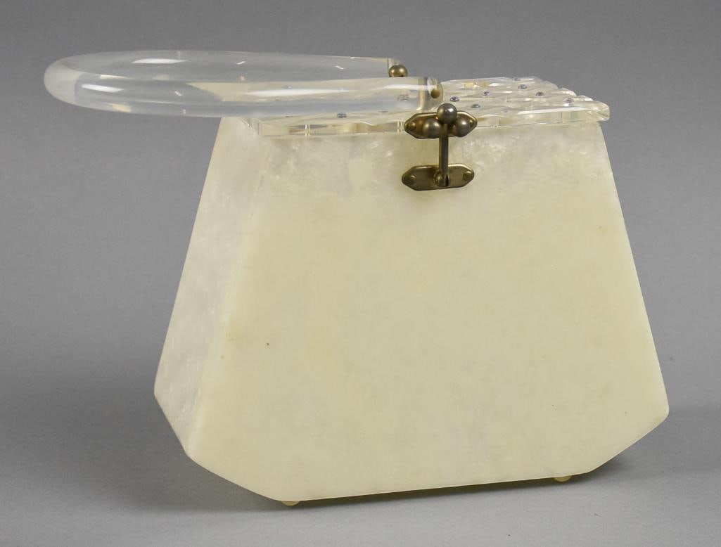 c1950 Florida Handbags of Miami Pearlized Lucite Purse: This is a fantastic vintage purse, believed to be Florida Handbags of Miami. It is a pearlized lucite, clear lucite closer with diamond pattern and clear handle. Hardware appears to be brass with an a