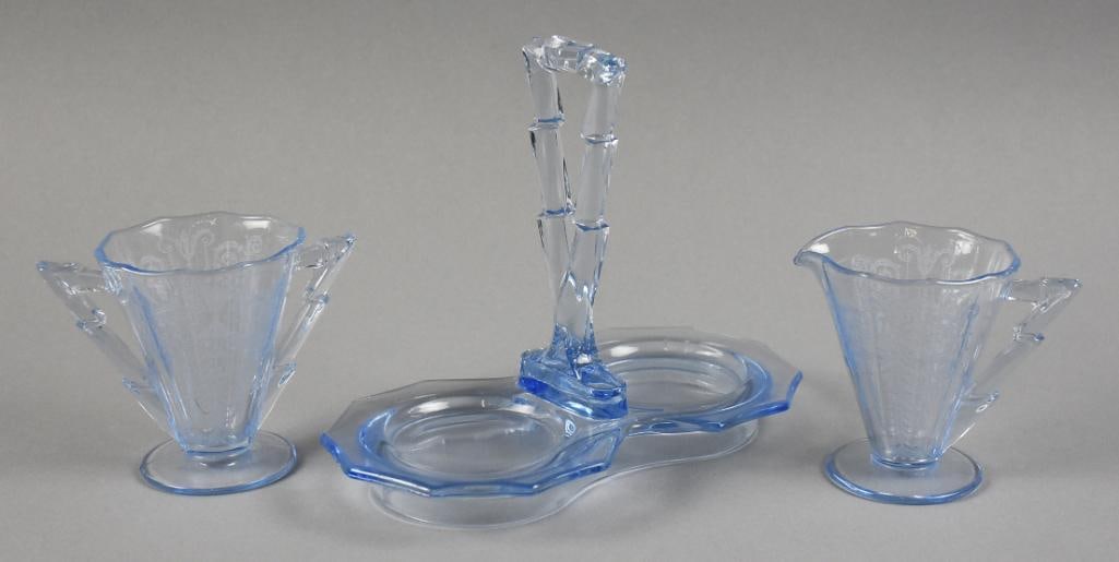 c1920 Cambridge Cleo Willow Blue Glass Cream & Sugar w Stand: Great looking antique Cambridge glass. The pattern called Cleo was seen in a 1922 advertisement, indicating the pattern was introduced prior. Willow blue glass, beautifully engraved with scrolls and s
