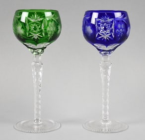 Ajka Crystal Marsala Blue & Green Cut to Clear Wine Glasses