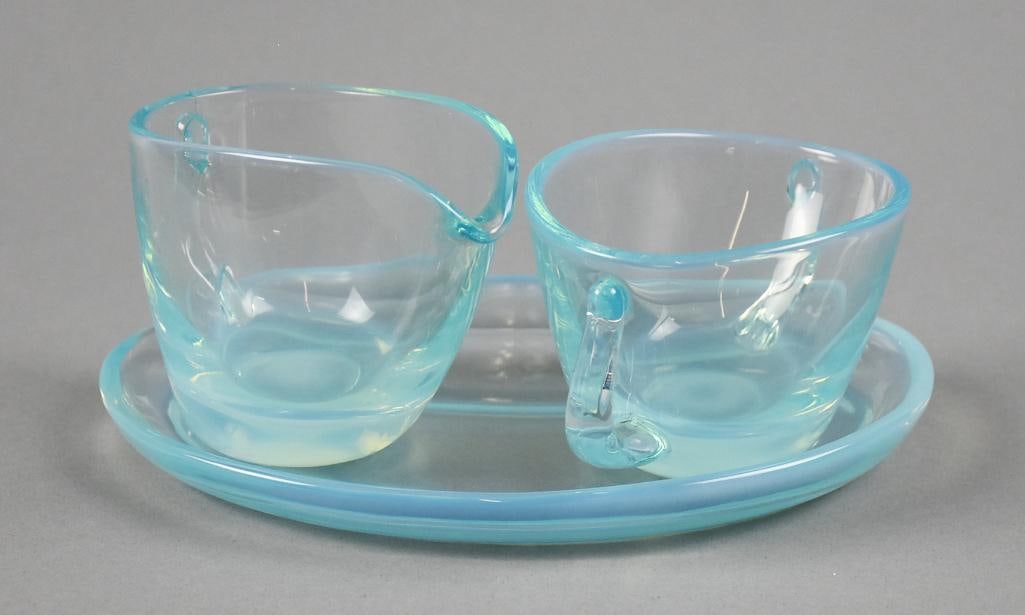 1954-58 Fostoria Seascape Blue Cream, Sugar & Underplate: Great mid century glass from Fostoria. It is a 1954-58 pattern called Seascape in blue and is very hard to find. Opalescent set is an open sugar, cream pitcher and kidney shaped underplate. Flowing ha