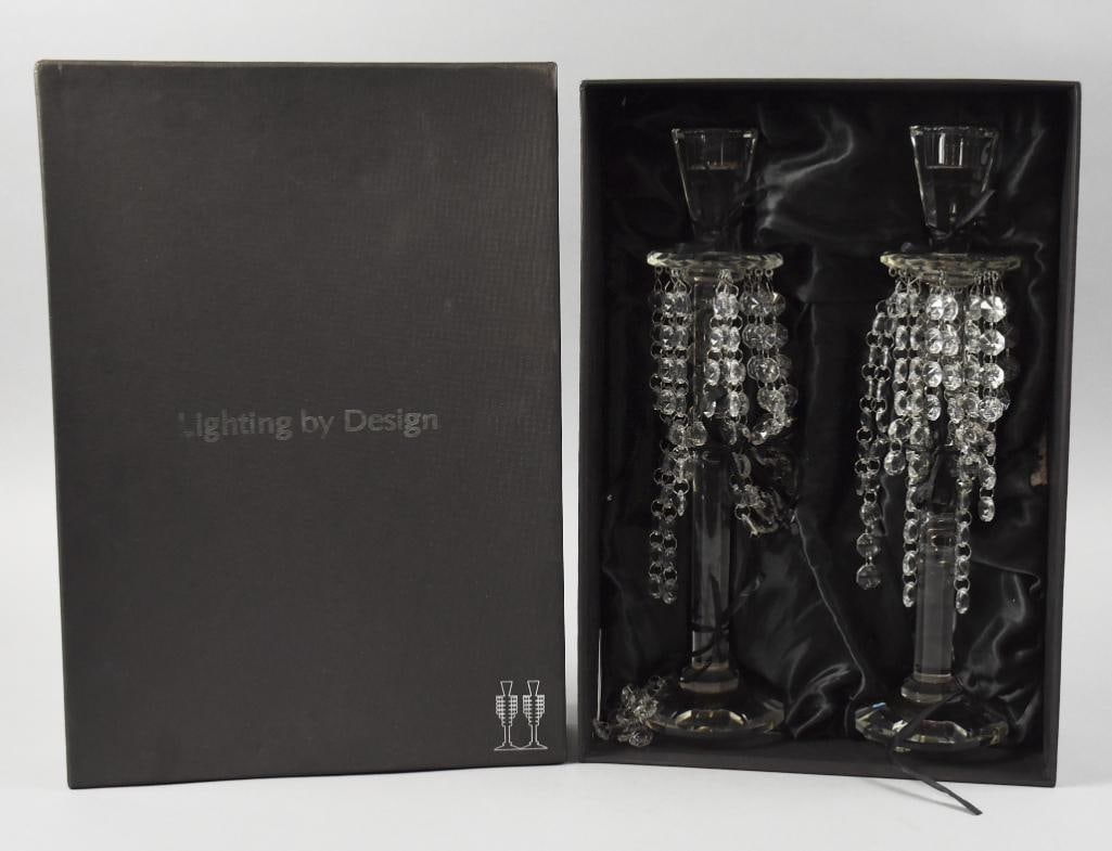 Shannon Crystal, Lighting By Design, Barcelona Candlesticks: This is a gorgeous pair of candlesticks by Shannon Crystal in Ireland. They are Barcelona pattern and were made for Lighting By Design. Each stands approx. 14" tall.?This item comes from a very passio