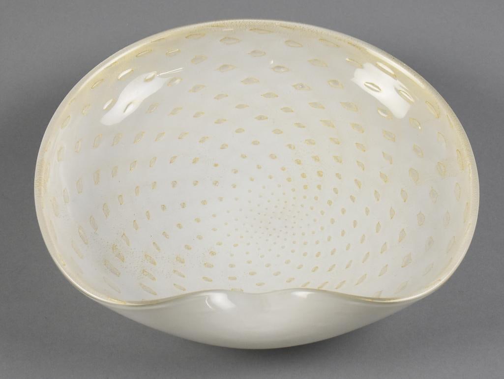 Vintage Murano Glass Shell Dish Controlled Bubble Gold Fleck: Gorgeous vintage Murano glass dish in a shell shape. White glass, cased with controlled bubble and dusted in gold. No visible marks or signature, measures approx. 2.5" x 12".