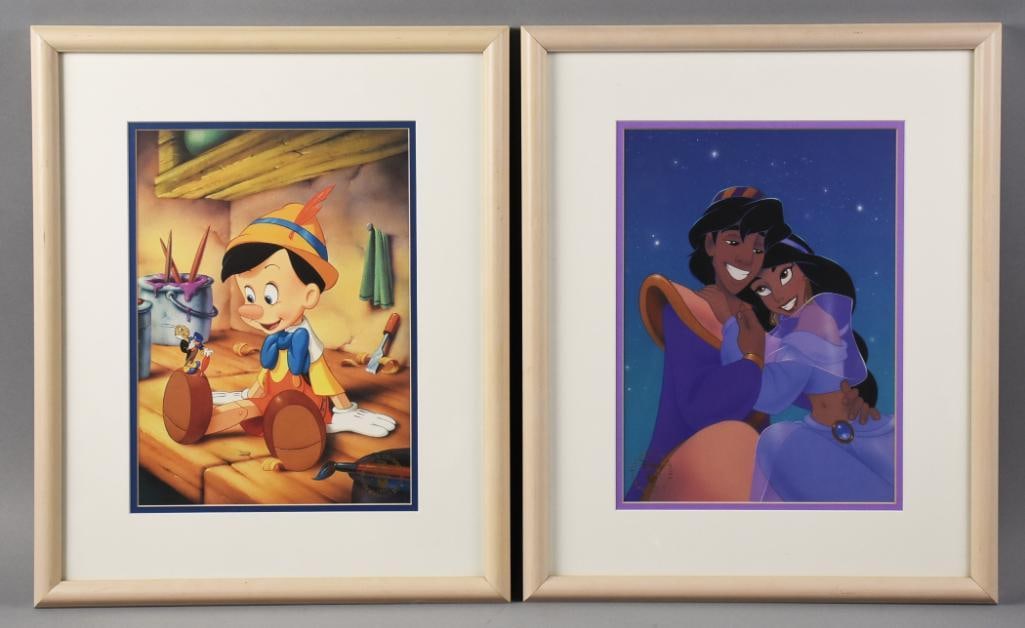 1993 Disney Exclusive Commemorative Lithographs: Great pair of 1993 commemorative lithographs from The Disney Store. These exclusive pieces are Aladdin and Pinocchio. Each is nicely framed with matte and measure approx. 18" x 15".