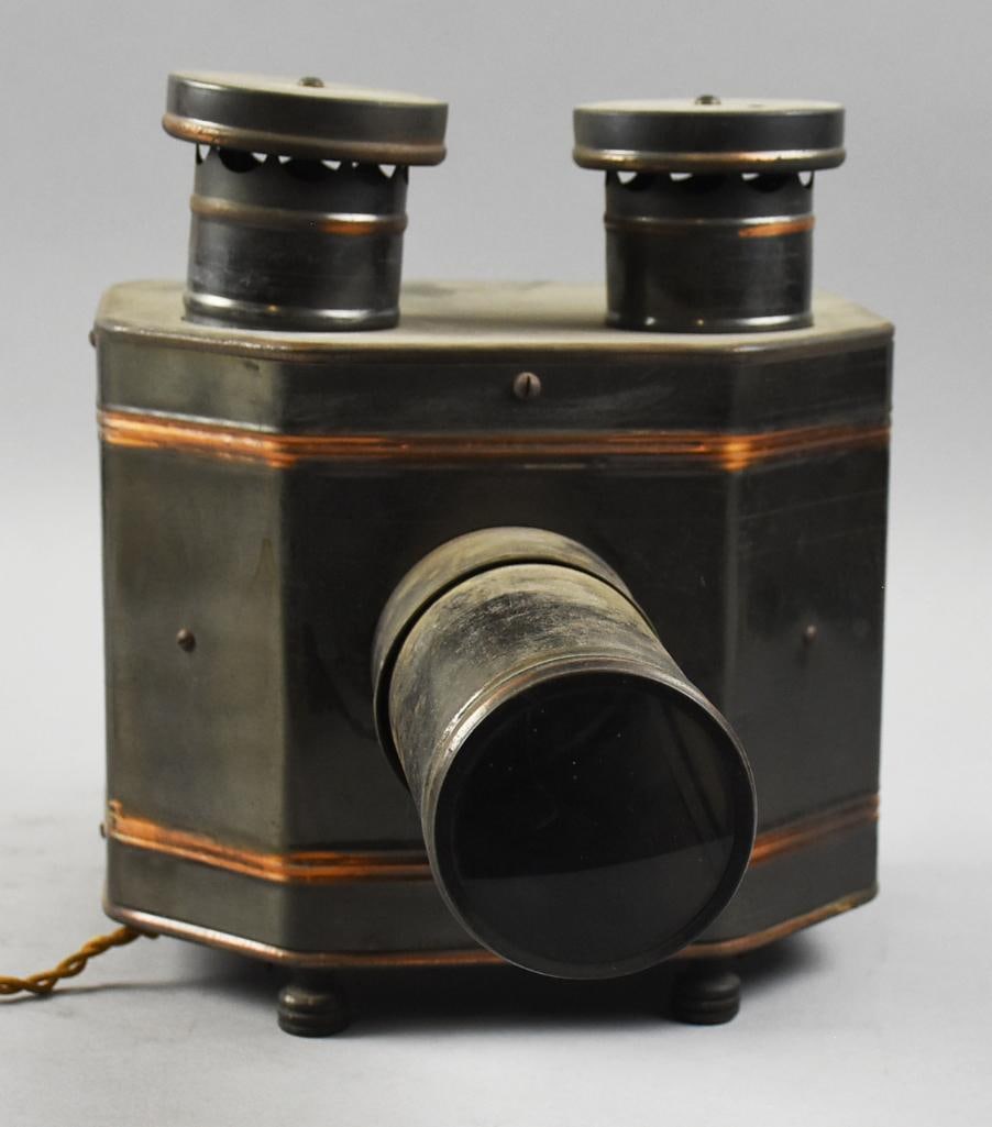 c1910 H.C. White Co. Radioptican Picture Machine Projector: This awesome piece is an HC White Co Radioptican Picture Machine. It would project postcards and pictures up to six feet away onto a screen or blank wall. Appears pressed steel with front lens, door o