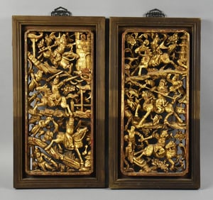 19th Century Chinese Temple Panels, Gilt Wood