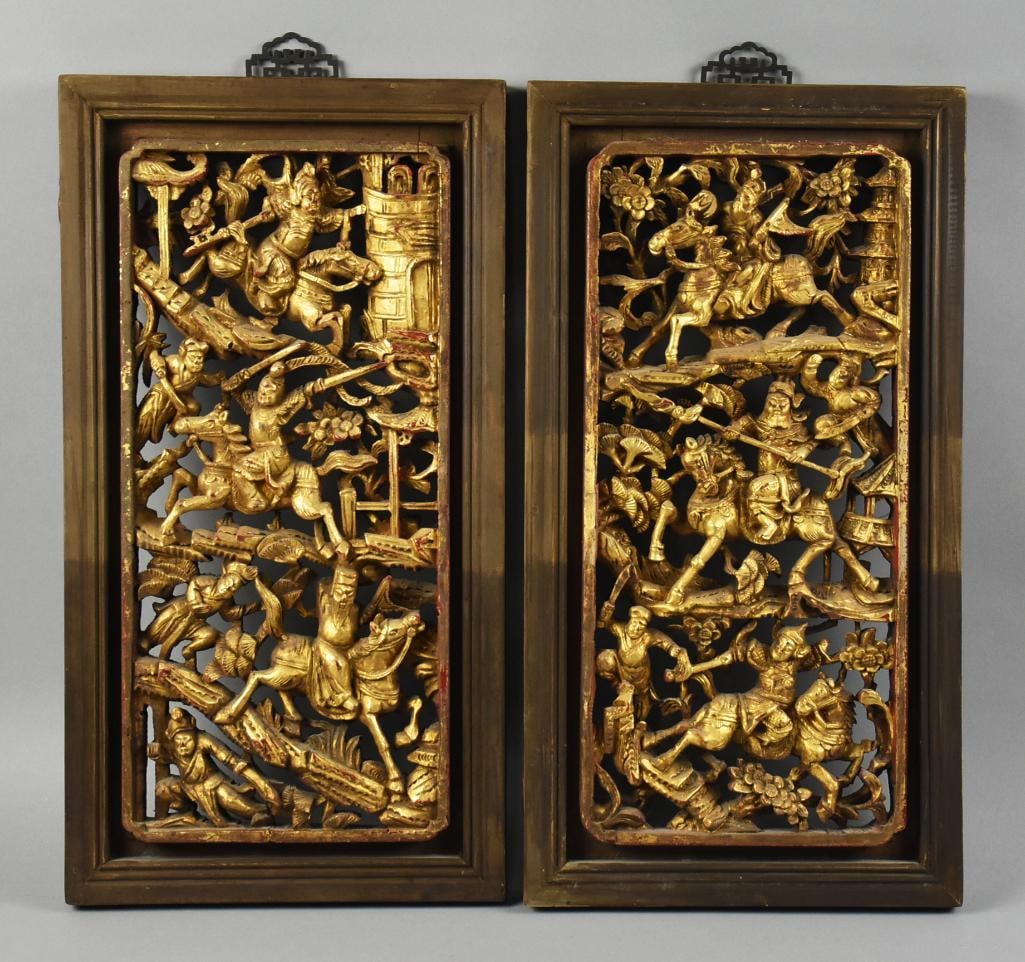 19th Century Chinese Temple Panels, Gilt Wood: Very cool pair of panels. They are Chinese and appear to be from the 19th century. Each has a deeply carved battle scene and are gilt wood, inset in wooden frames that appear untreated. Each with an o