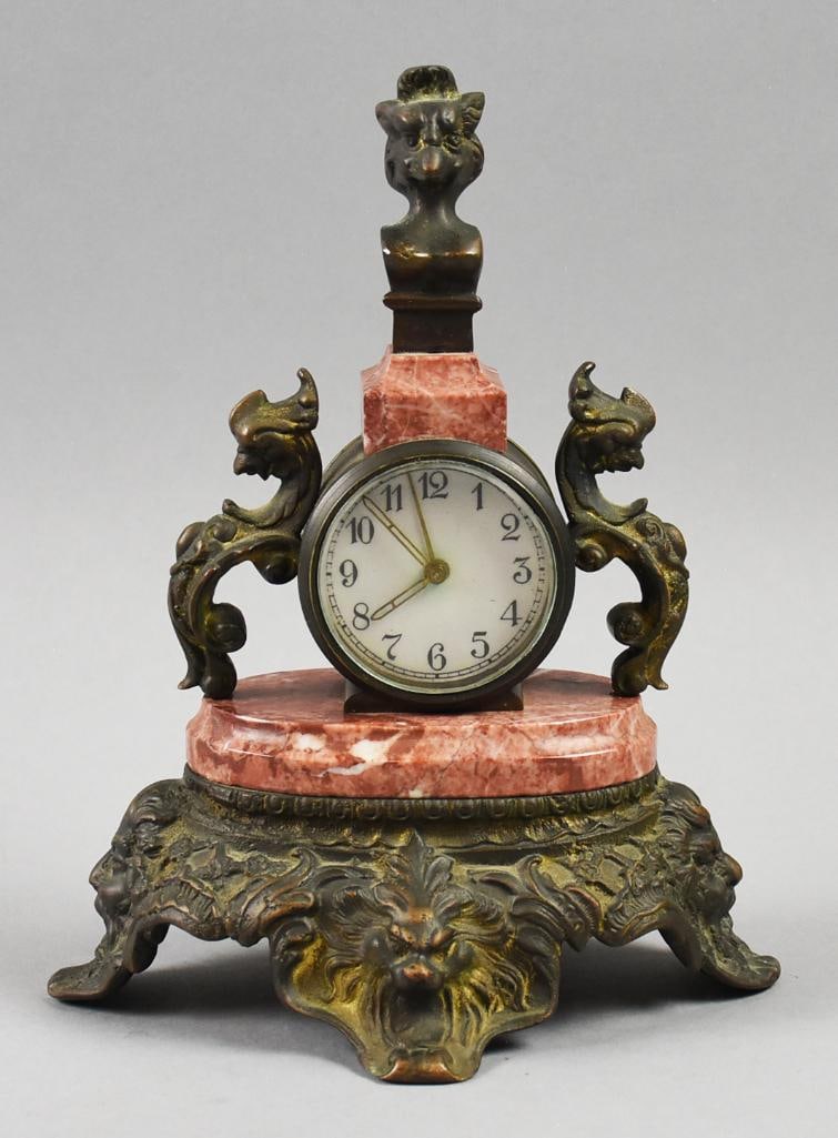 Antique Dresden Marble & Bronze Dragon Alarm Clock-WORKS!: This stunning clock is Dresden and musical. Clock appears to have a bronze frame with dragon style handles and feline on top. Clock with coral colored marble accents attached to an ornate base with li