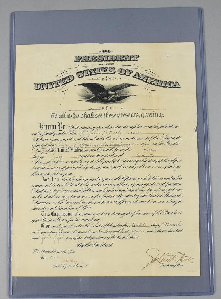 1921 Presidential Military Nomination of Hasson by Weeks: This amazing historical document is a nomination letter from the President of the United States, Warren G. Harding from 1921. President Harding nominated John Patrick Hasson (1893-1965) to Lieutenant