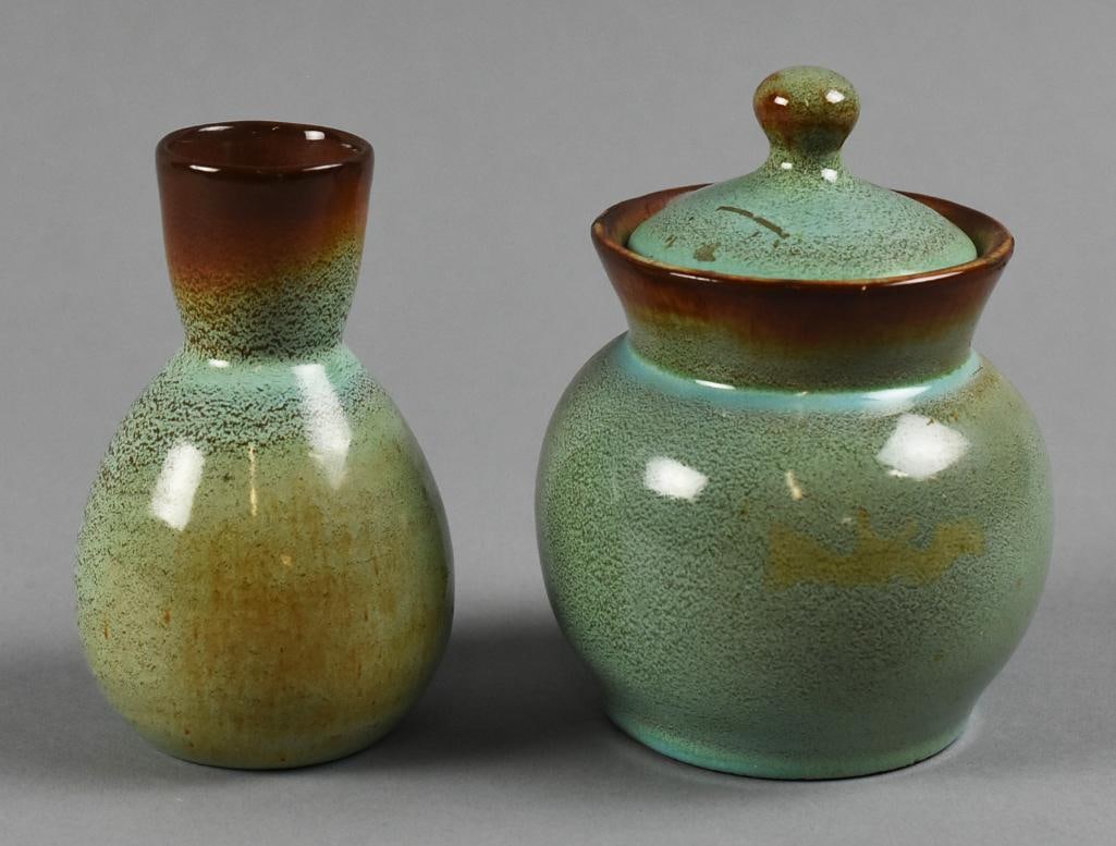 Nicodemus Art Pottery Ferro-Stone Jar w/ Lid & Vase: These are gorgeous vintage Nicodemus art pottery pieces. They are a lidded jar and a vase made with ferro-stone clay and high gloss green glaze. They are both nicely marked, stand approx. 4" and 4.5"