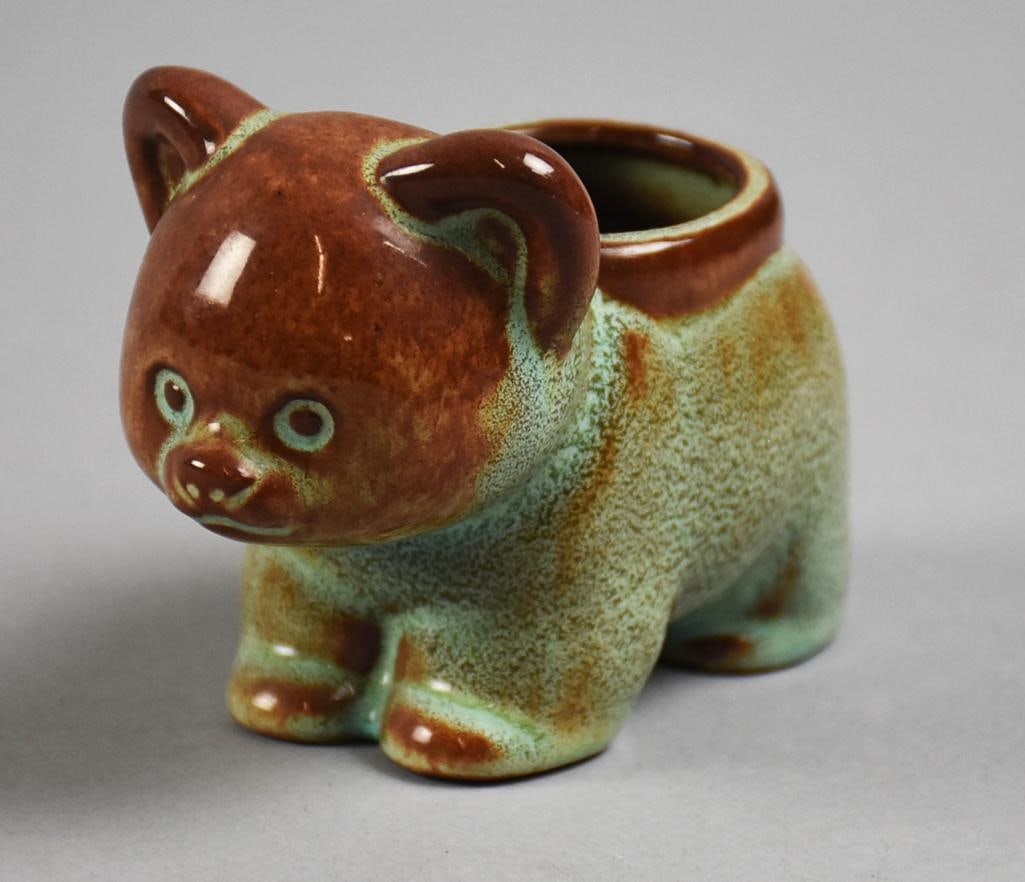 Nicodemus Art Pottery Bear Cub Planter, Ellen Jennings Signed: Great small vintage Nicodemus, Ellen Jennings planter. He is a bear cub made with ferro-stone clay and high glass light blue glaze. Nicely marked and measures approx. 3" x 4". EJ is for Ellen Jennings