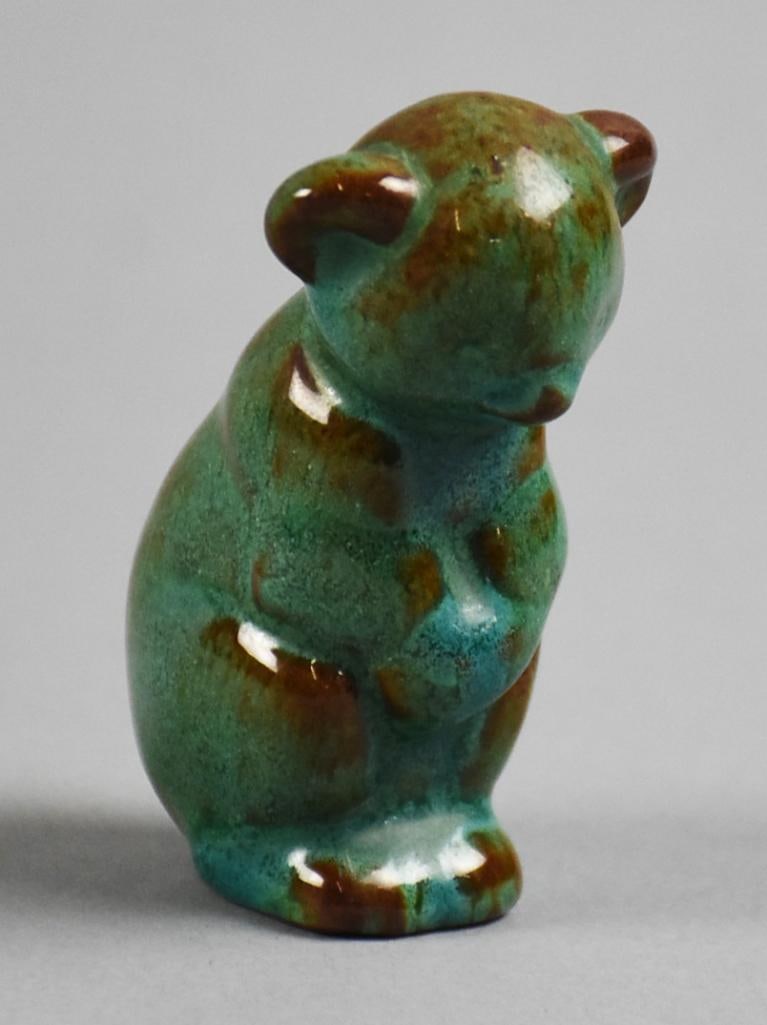 Nicodemus Art Pottery Koala Bear, Ellen Jennings Signed: Precious vintage Nicodemus, Ellen Jennings animal figurine. It appears to be a koala bear. He was created using ferro-stone clay and high gloss blue translucent glaze. Nicely marked and stands approx.