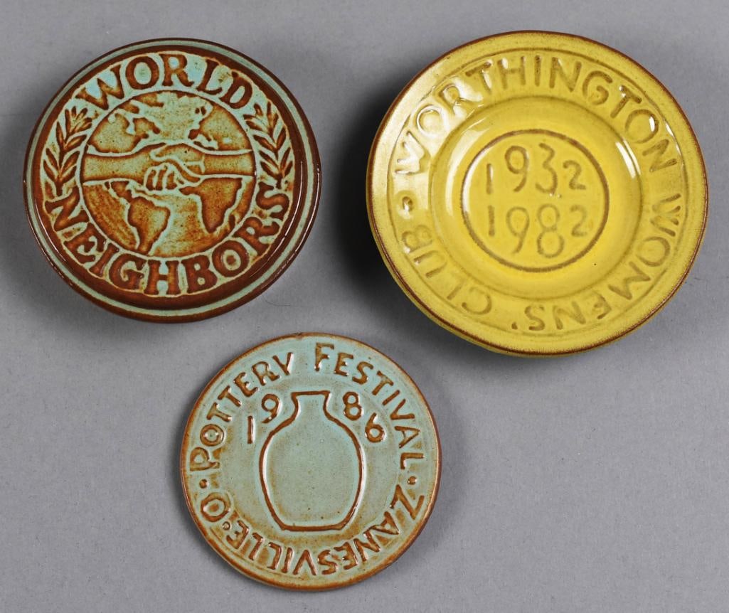 Nicodemus Art Pottery Assorted Commemorative Pieces: Three pieces of Nicodemus art pottery. Each piece is commemorative with World Neighbors, Worthingon Women's Club and a Pottery Festival, Zanesville, OH. Each is nicely marked and measure from approx.