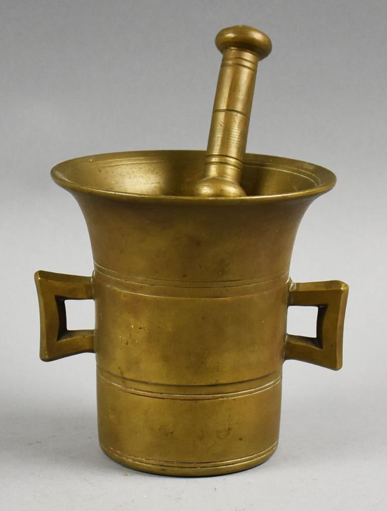 Antique Apothecary Brass Mortar and Pestle: Great looking antique brass mortar and pestle for an apothecary. Mortar with square handles. No visible marks, mortar approx. 5.5" tall x 6" wide and pestle approx. 8" long.