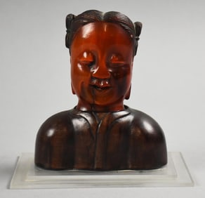 Vintage Buddhist Bodhisattva Carved Wood & Ox Horn