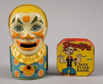 Vintage Clown and Popeye Coin Banks, Tin Litho, Chein