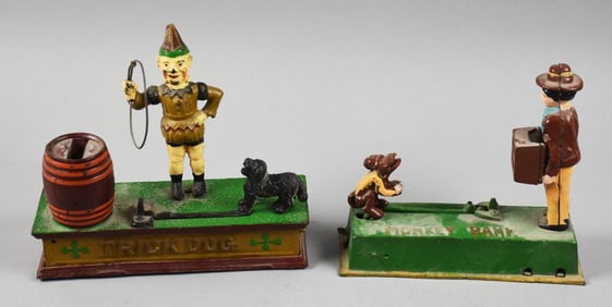Vintage Cast Iron Trick Dog, Monkey Bank Mechanical Banks