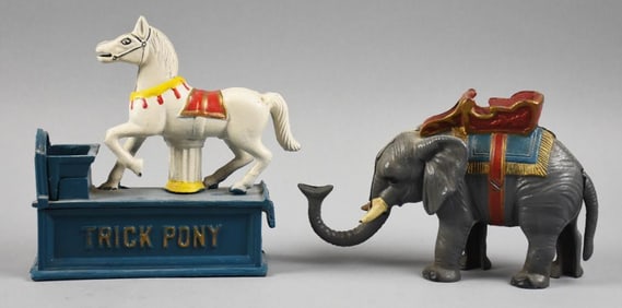 Vintage Cast Iron Trick Pony, Elephant Mechanical Banks