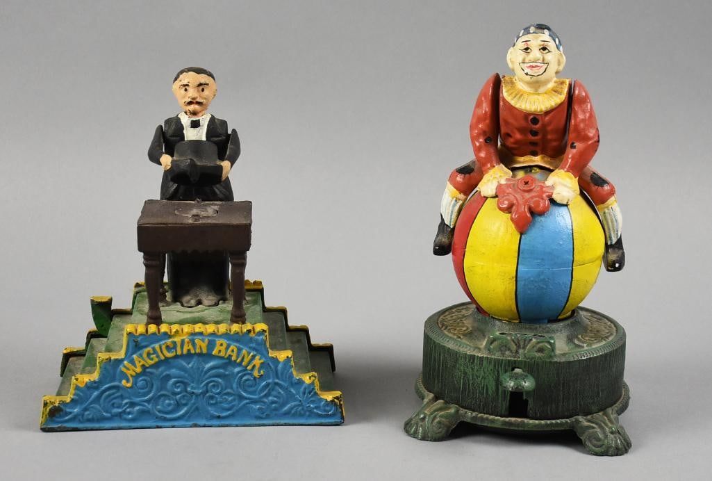 Vintage Cast Iron Spinning Clown, Magician Mechanical Banks (1 of 4)