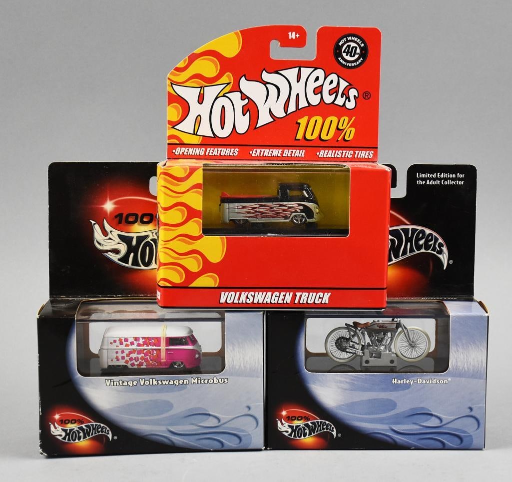 (3) 2000s Hot Wheels 100% Hot Wheels MIP NOS: Lot is for three different 100% Hot wheels, includes a Harley Davidson, Volkswagen Truck and Vintage Volkswagen Microbus. Single owner collection from the largest toy collector on the West Coast.