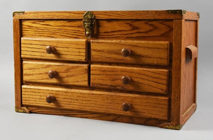 Solid Oak Machinist Style Handyman Five Drawer Chest